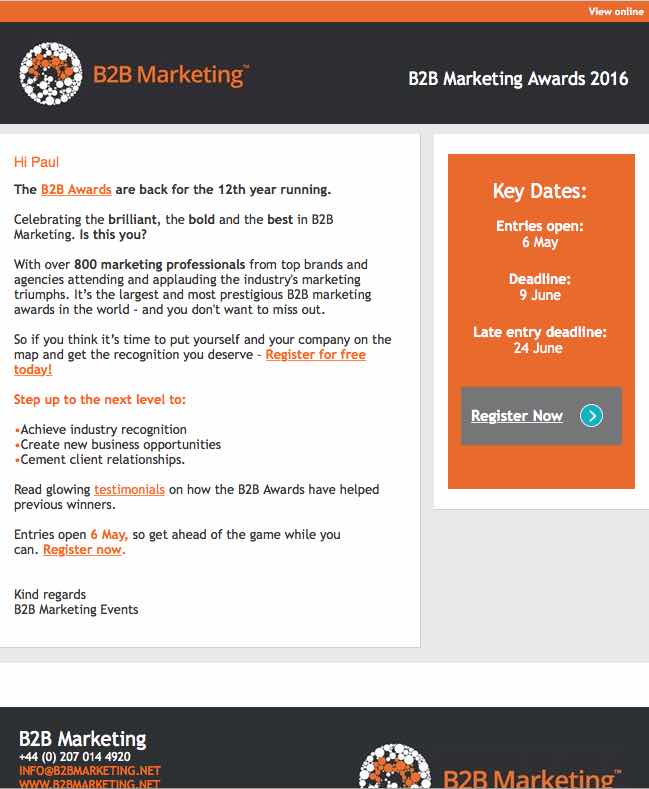 b2b marketing awards 2016